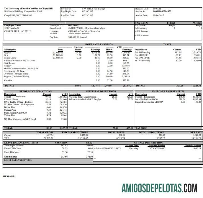 Em branco Modelo Word e PDF de recibo de pagamento da Universidade da Carolina do Norte
